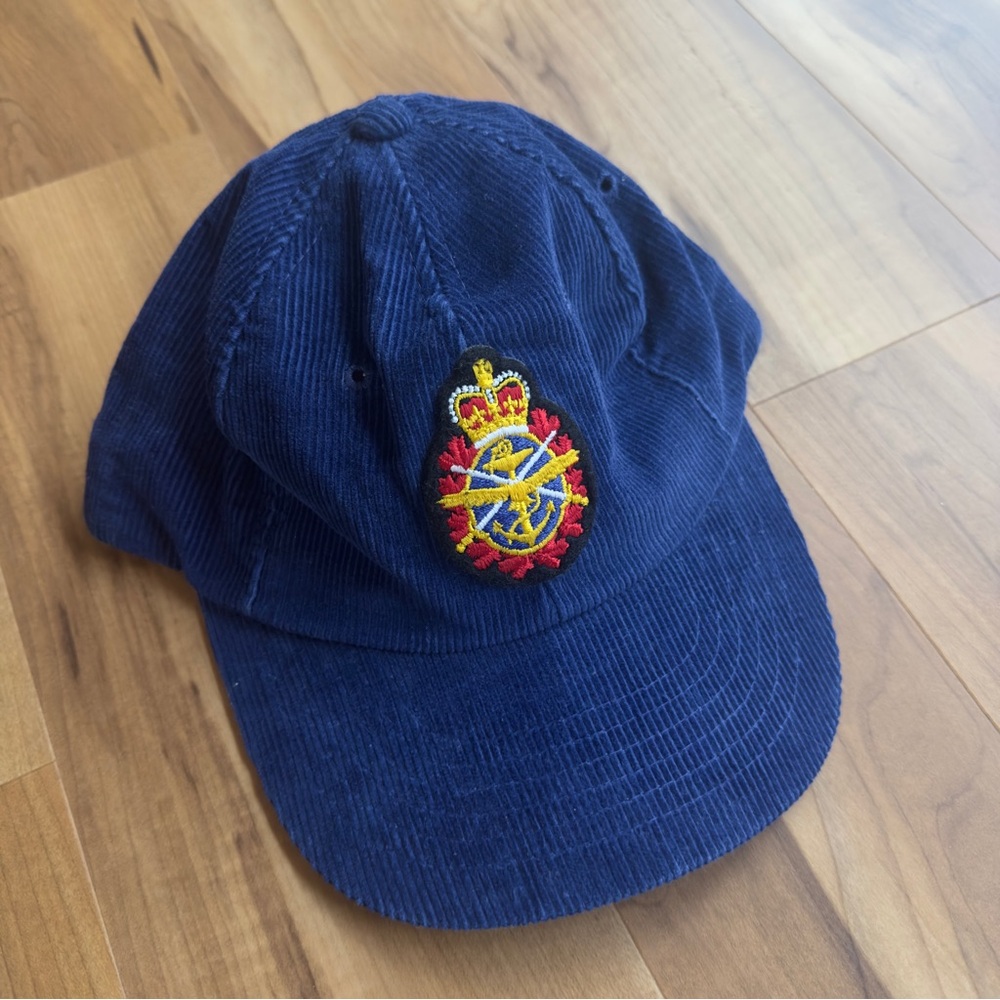 VTG Royal Blue Corduroy Cap with Embroidered Patch Preppy Military